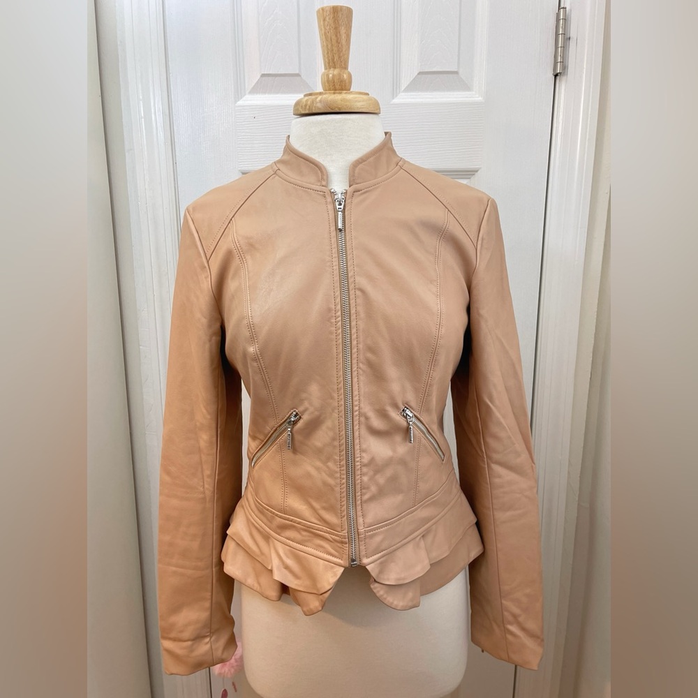 Guess Beige/Rose Vegan Leather Biker Jacket - Size M